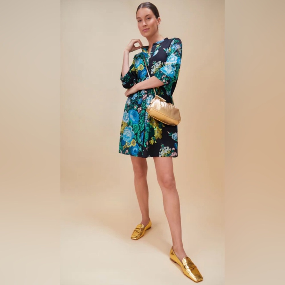 Tuckernuck Black Floral Shift Dress with Blue & Green Blooms